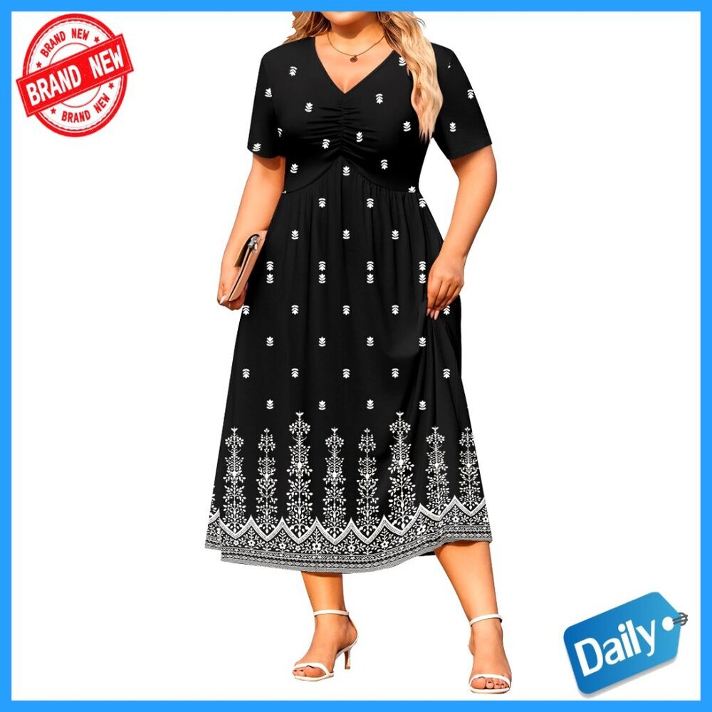 Plus Size V-Neck Ruched Midi Dress Casual Summer Swing with Pockets